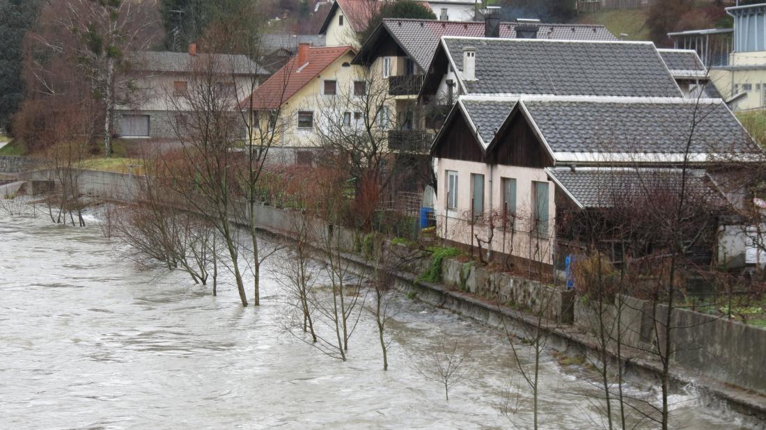 Pod hidroelektrarno Dravograd se reka nevarno približuje hišam. Foto: Mateja Kotnik